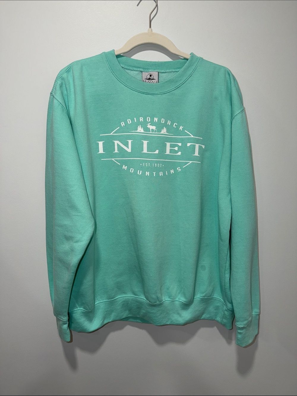 PM L Mint Green White ADIRONDACK MOUNTAINS INLET Fleece Crew Sweatshirt